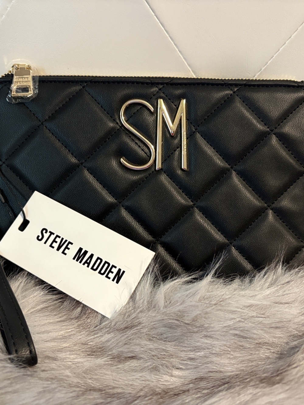 Steve Madden Black Quilted Wristlet with Gold SM Logo